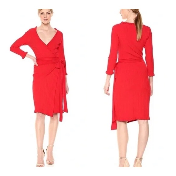MILLY Red Ruffle Edge Ribbed Stretch 3/4 Sleeve Knee Length Wrap Dress Size XS - Picture 1 of 16